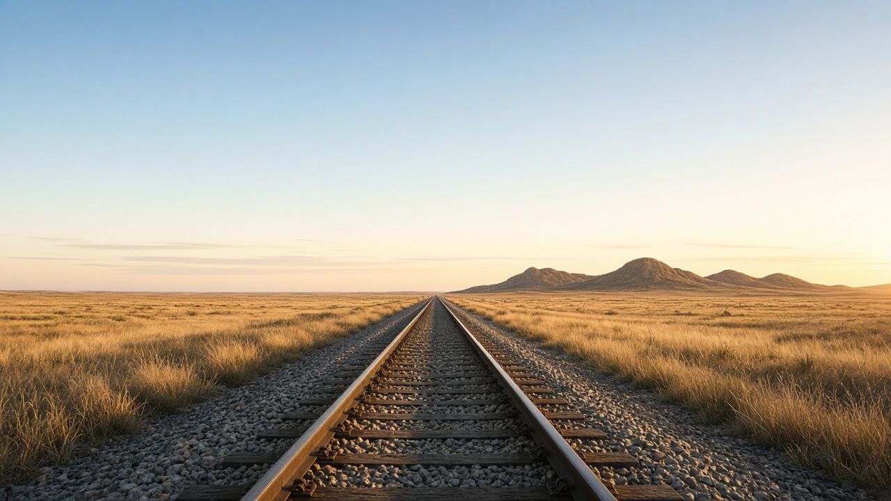 Straight railway track toward the horizon across the pampa, hills in the distance under a pale blue sky.